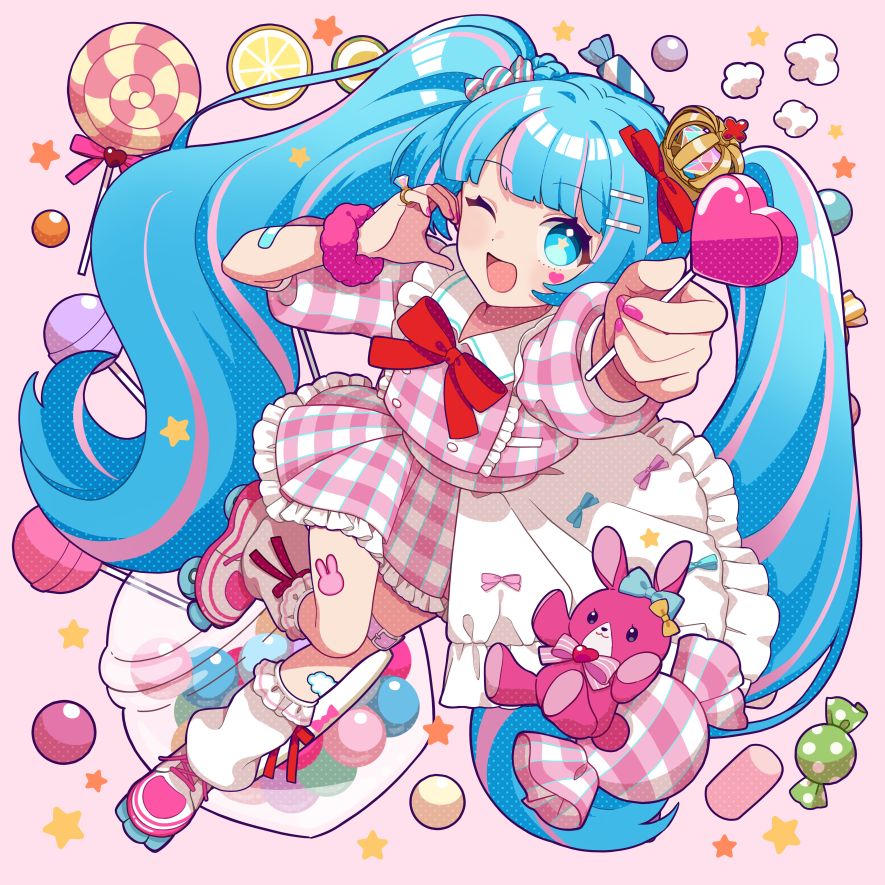 binchou maguro, hatsune miku, vocaloid, commentary request, 1girl, ;d, bandaid, bandaid on arm, blue eyes, blue hair, blunt bangs, bow, bowtie, candy, crown, dress, food, frilled dress, frilled socks, frills, fruit, full body, fur wrist cuffs, hair ornament, hairclip, heart, heart-shaped food, heart-shaped lollipop, holding, holding candy, holding food, holding lollipop, lemon, lemon slice, lollipop, long hair, looking at viewer, mini crown, multicolored hair, one eye closed, open mouth, outstretched arm, parallel hairclips, pink background, pink dress, pink hair, pink shoes, pink wrist cuffs, red bow, red bowtie, roller skates, shaped lollipop, shoes, skates, smile, socks, solo, star-shaped pupils, star (symbol), streaked hair, swirl lollipop, symbol-shaped pupils, twintails, two-tone hair, very long hair, white socks, wrapped candy, wrist cuffs