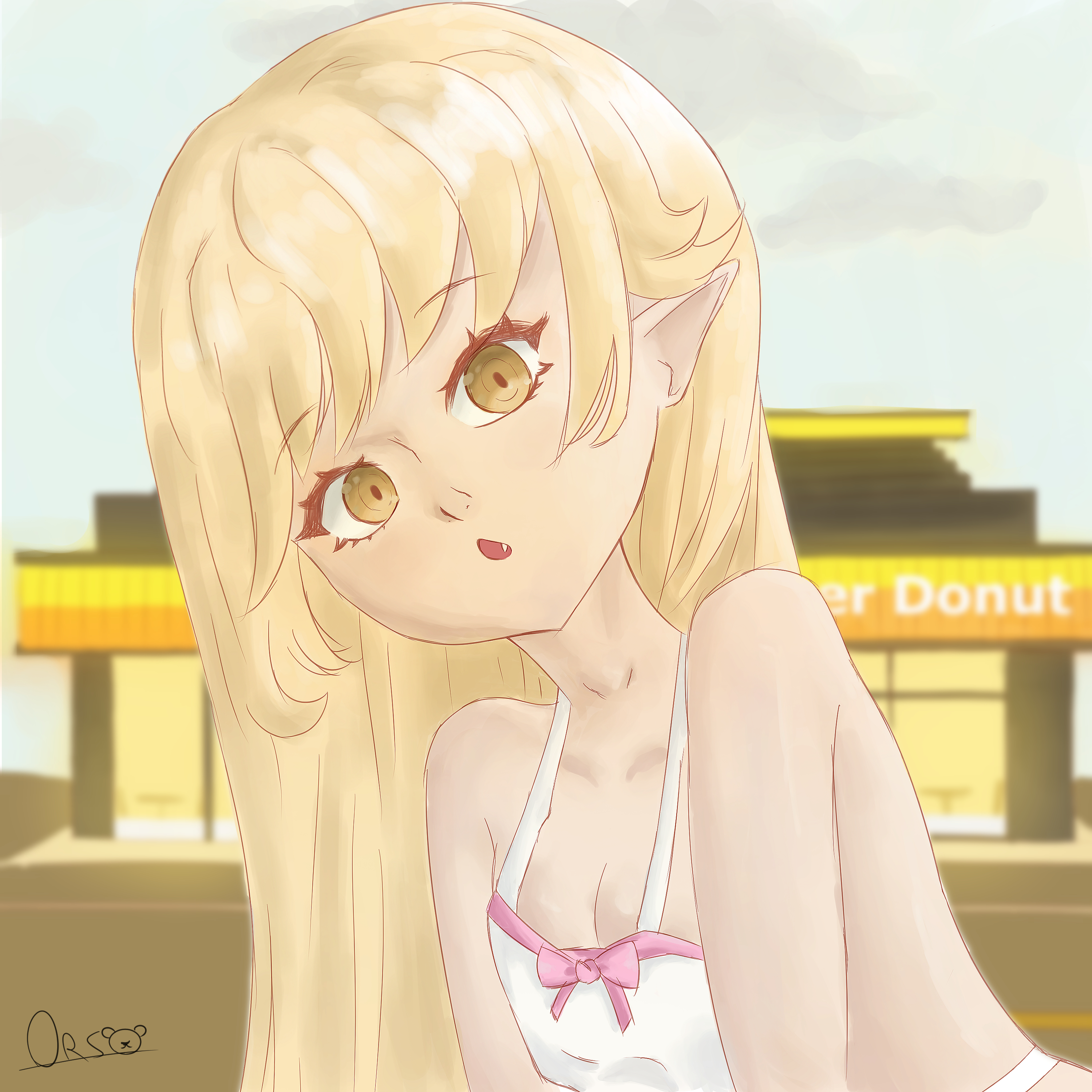 oshino shinobu, mister donut, monogatari (series), absurdres, highres, 1girl, apron, bare shoulders, blonde hair, breasts, cleavage, grizzlyorso01, long hair, looking at viewer, open mouth, pointy ears, signature, small breasts, vampire, white apron, yellow eyes