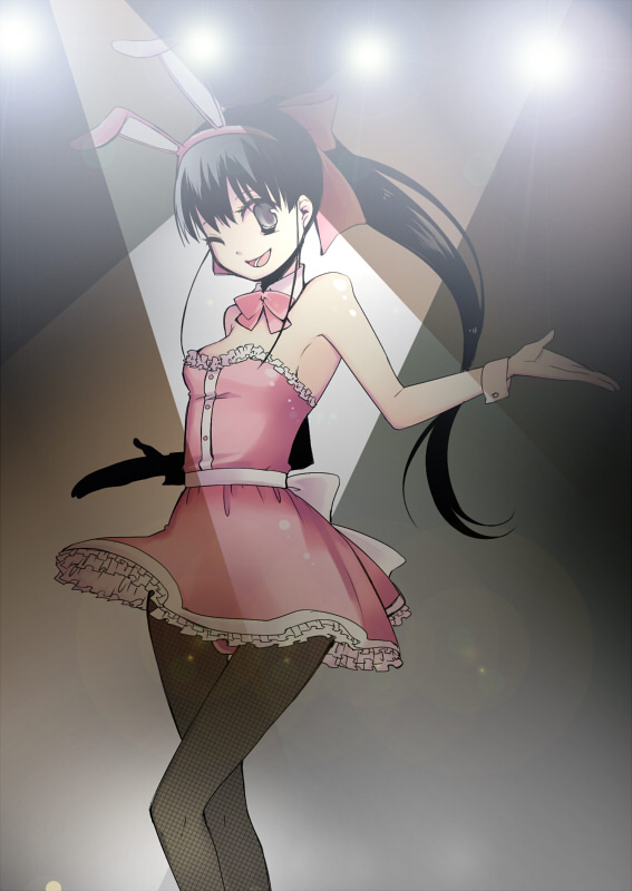 toriumi itachi, animal ears, bare shoulders, black hair, hair ribbon, one eye closed, pantyhose, ponytail, rabbit ears, ribbon, solo, spotlight, wink