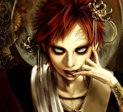 as (ashes), gaara (naruto), naruto (classic), naruto (series), lowres, 1boy, black eyeshadow, eyeshadow, facial mark, makeup, painterly, realistic, red hair, sand, tongue