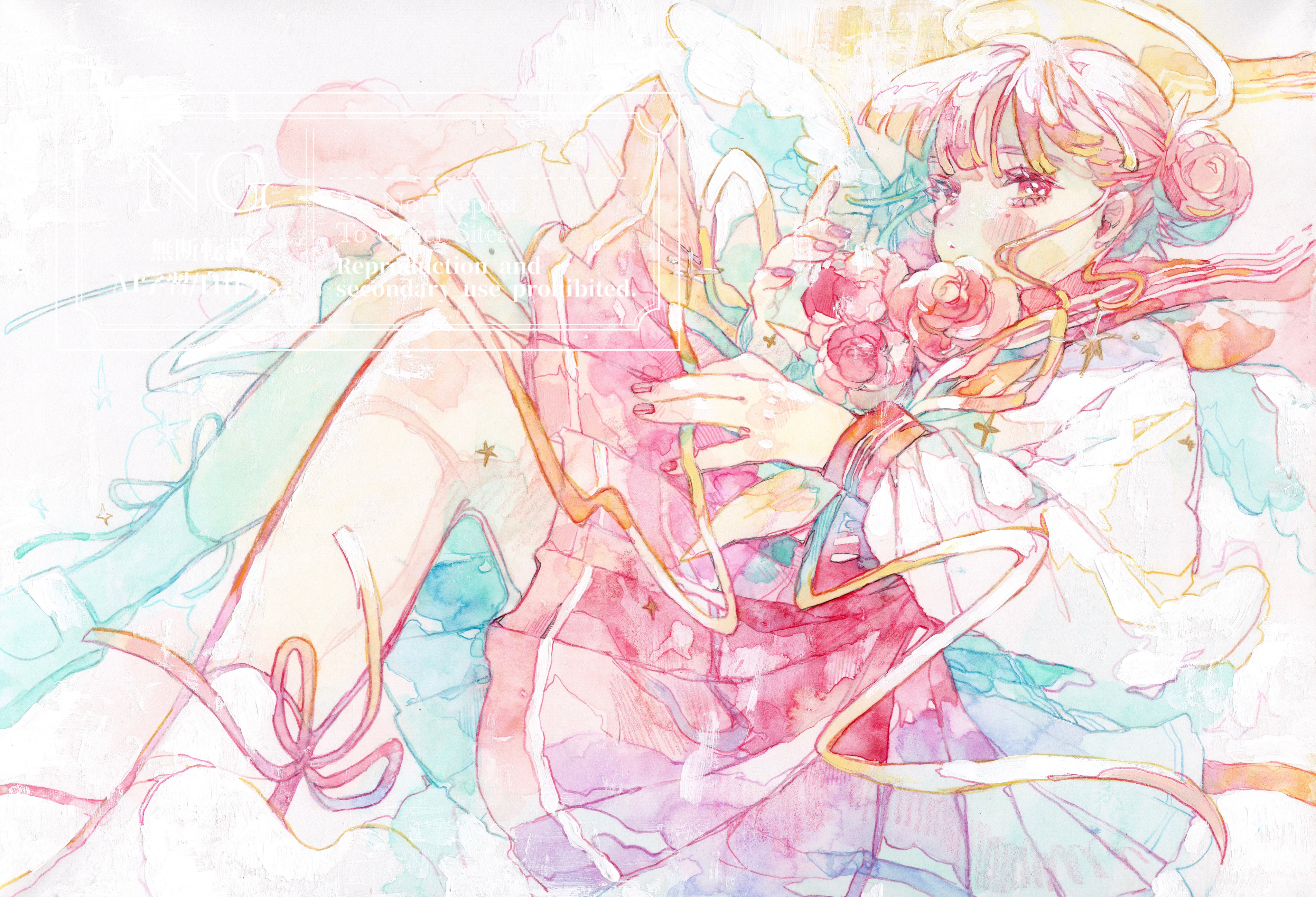 oka yuuri, original, absurdres, commentary request, highres, painting (medium), traditional media, watercolor (medium), 1girl, angel, angel wings, blush, closed mouth, feet out of frame, flower, french commentary, halo, long sleeves, pink flower, pink hair, pink rose, pink skirt, pleated skirt, red eyes, red sailor collar, rose, sailor collar, school uniform, serafuku, shirt, short hair, skirt, socks, solo, traditional halo, watermark, white shirt, white socks, white wings, wings