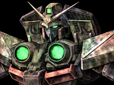 tro (trombe), hidden shadow of g, ryouga's g-3 gundam, g no kage-nin, gundam, gundam hidden shadow of g, bad id, bad pixiv id, lowres, mecha, ninja, no humans, robot, simple background, solo