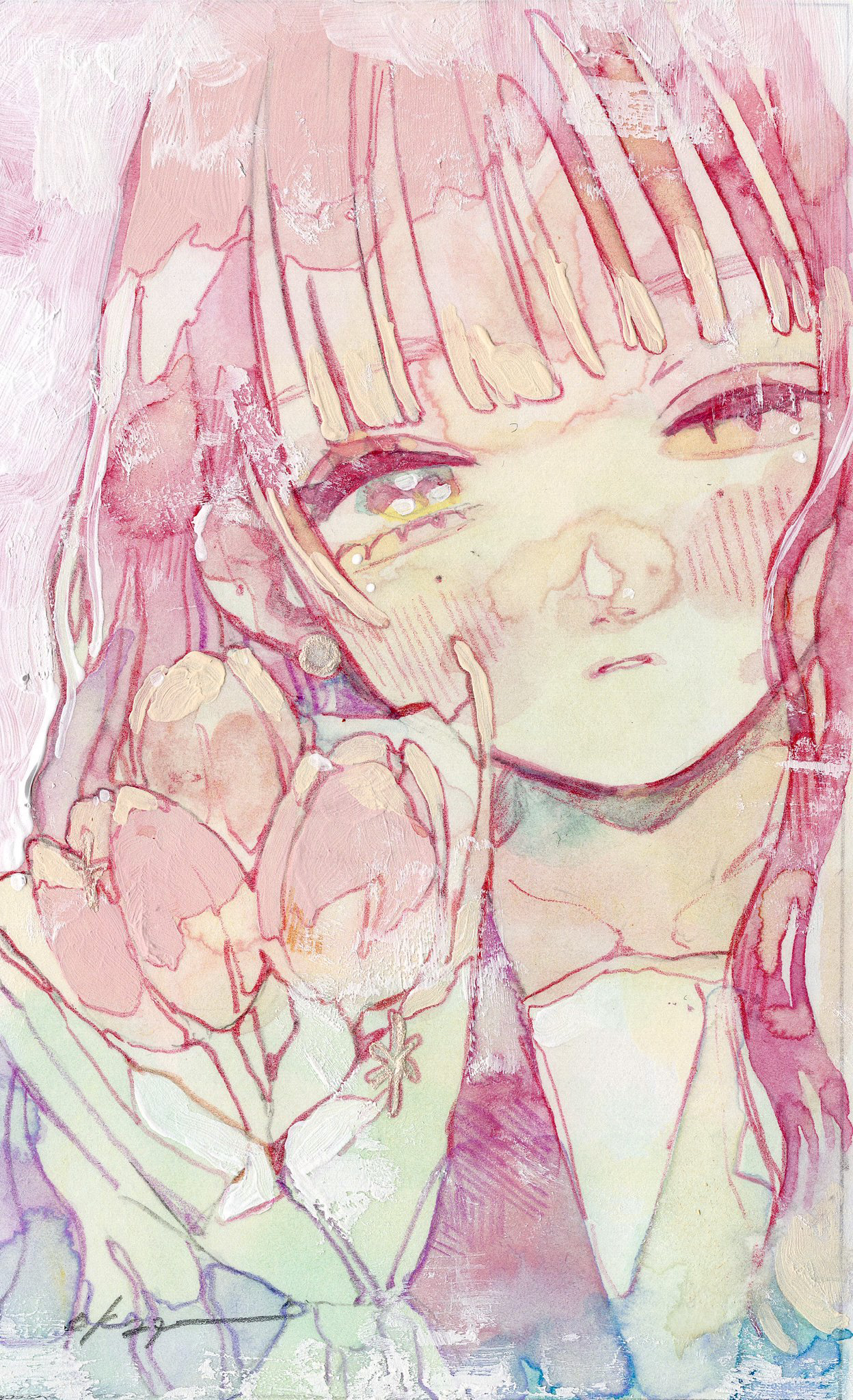 oka yuuri, original, commentary, highres, painting (medium), symbol-only commentary, traditional media, watercolor (medium), 1girl, blush, bouquet, flower, long hair, looking at viewer, parted lips, pink flower, pink hair, pink tulip, portrait, solo, tulip, yellow eyes