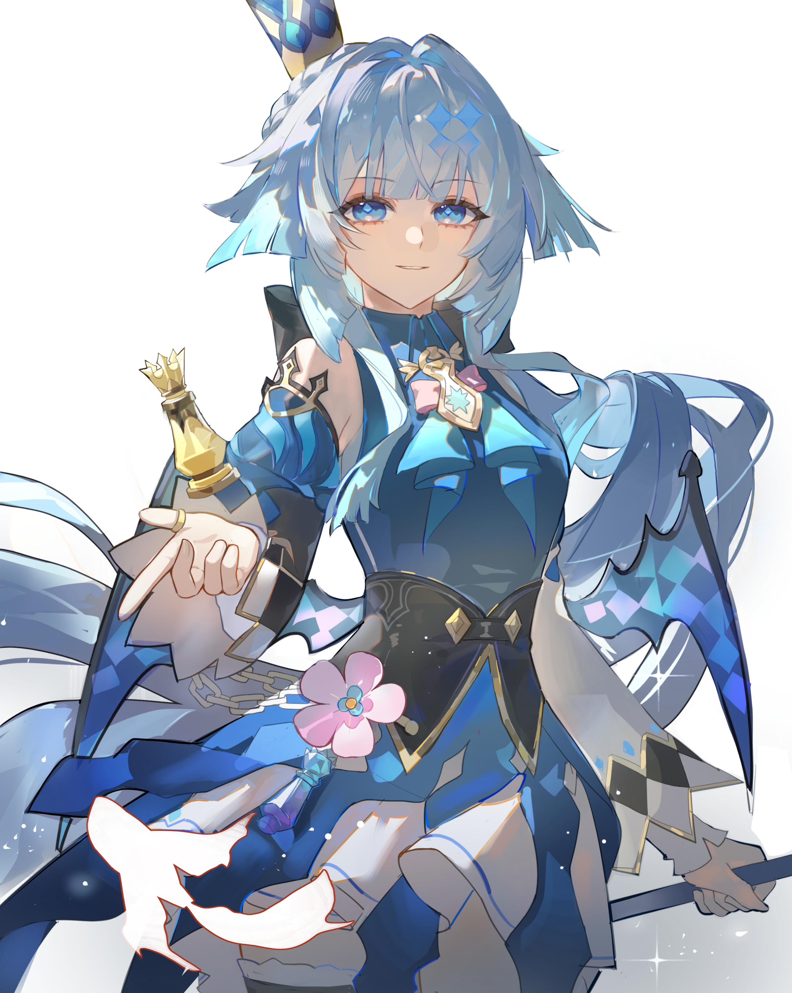 cerydra (honkai: star rail), honkai: star rail, honkai (series), absurdres, chinese commentary, clip studio paint (medium), commentary request, highres, 1girl, bare shoulders, blue dress, blue eyes, blue hair, chess piece, closed mouth, crown, detached sleeves, diamond-shaped pupils, diamond (shape), dress, fish, flower, heiyi mataozi, holding, long hair, long sleeves, looking at viewer, picture frame, queen (chess), simple background, smile, solo, symbol-shaped pupils, throne, white background, wings