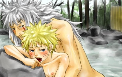 jiraiya (naruto), uzumaki naruto, naruto (classic), naruto (series), artist request, lowres, 2boys, anal, male focus, male penetrated, multiple boys, nude, onsen, outdoors, sex, shota, yaoi