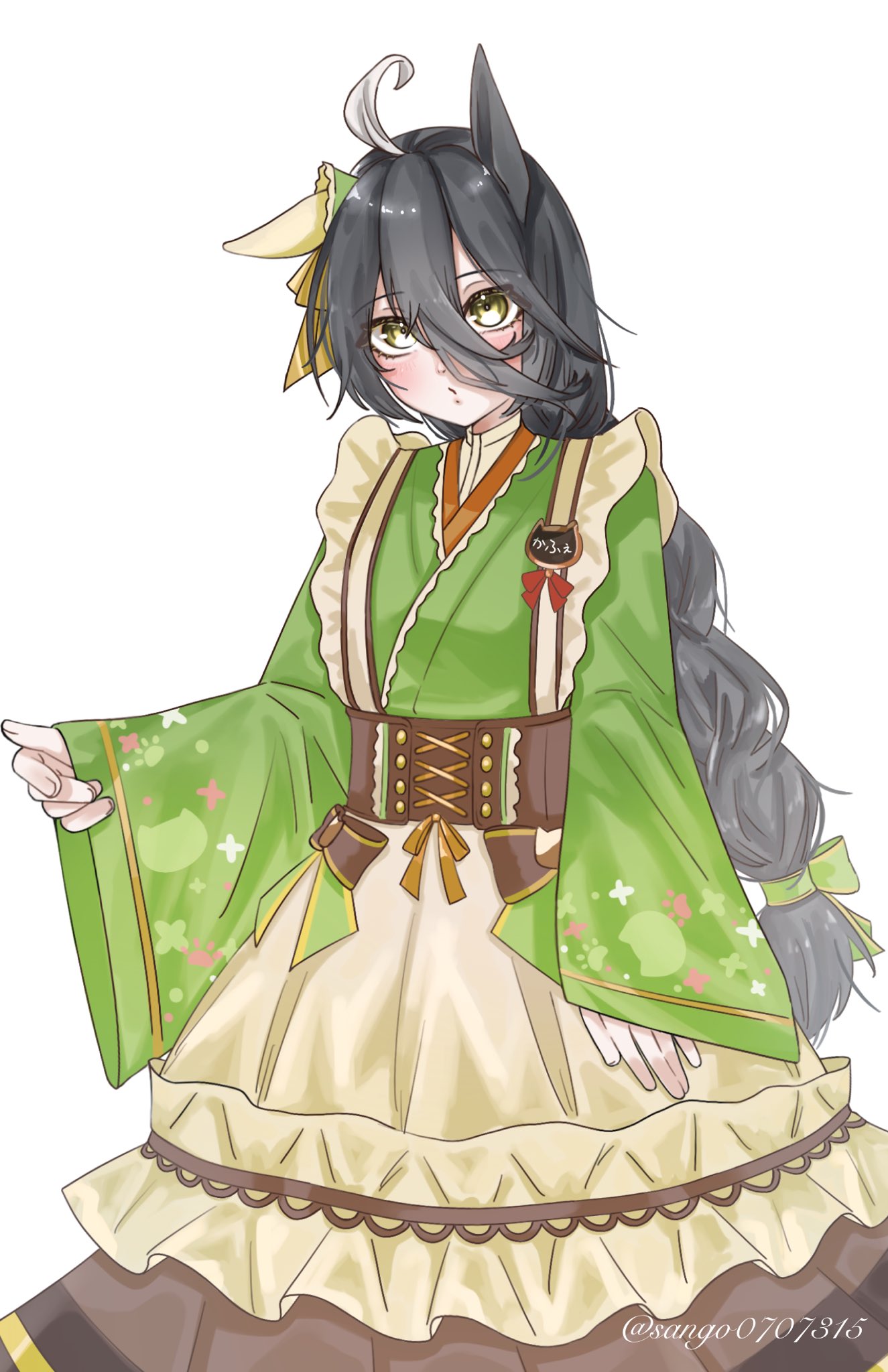 sango0707315, manhattan cafe (umamusume), manhattan cafe (verdant night) (umamusume), highres, 1girl, :/, ahoge, animal ears, bow, braid, braided ponytail, brown corset, corset, ear ribbon, green kimono, green ribbon, green skirt, hair between eyes, hair ribbon, horse ears, horse girl, japanese clothes, kimono, long bangs, long hair, long hair between eyes, long sleeves, maid, multicolored hair, name tag, ribbon, simple background, single ear down, skirt, solo, twitter username, very long hair, wa maid, white background, white hair, wide sleeves, yellow eyes