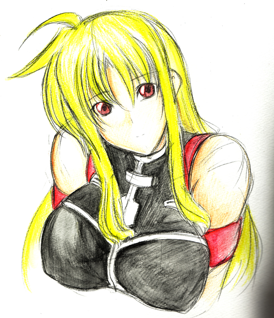 hagane soushi, fate testarossa, fate testarossa (true sonic form), lyrical nanoha, mahou shoujo lyrical nanoha, mahou shoujo lyrical nanoha strikers, traditional media, 00s, bare shoulders, blonde hair, breasts, huge breasts, long hair, red eyes, sketch, solo