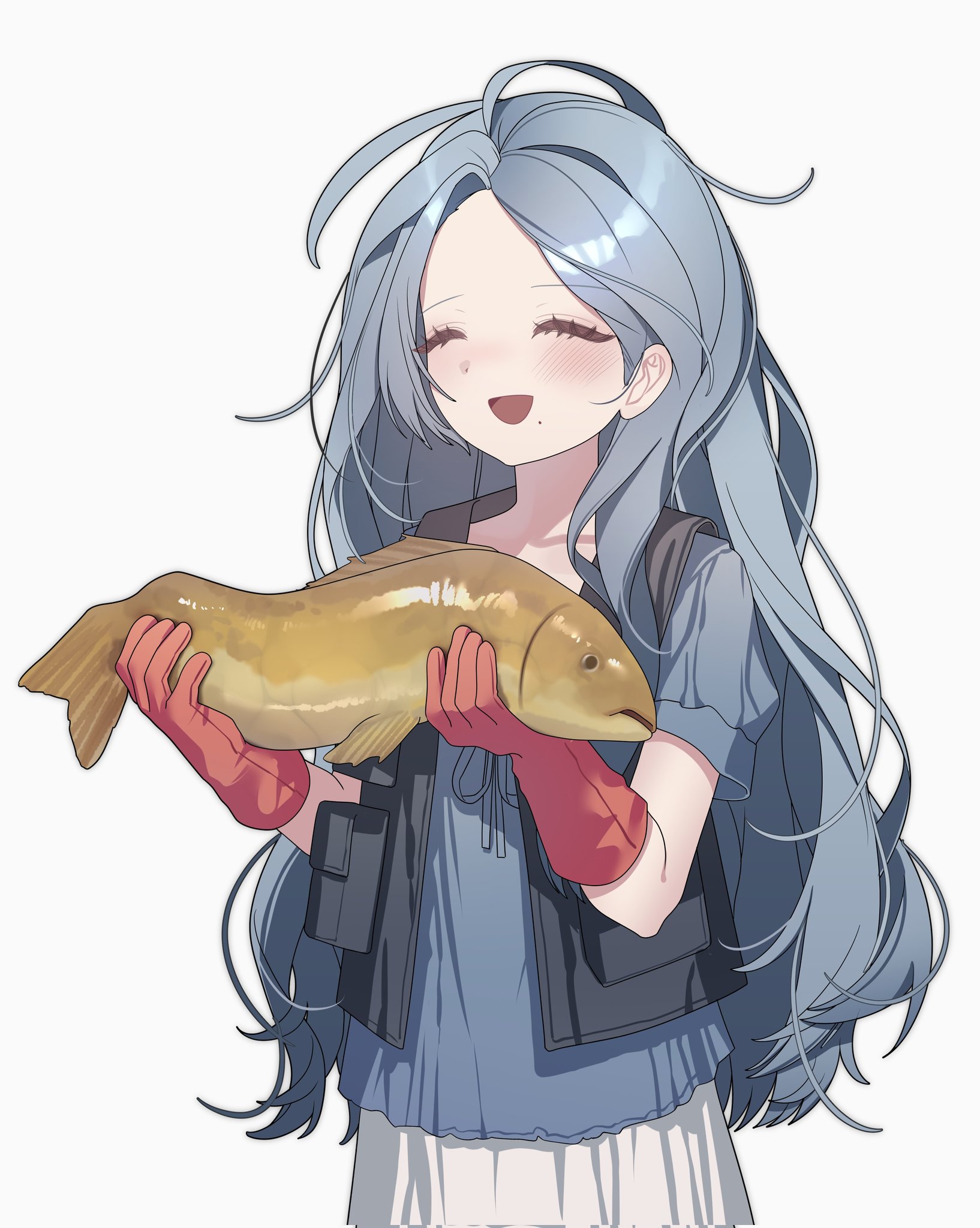 0 o s k, original, commentary, corrupted twitter file, hashtag-only commentary, highres, 1girl, :d, ^ ^, animal, black vest, blue hair, blue shirt, blush, closed eyes, cowboy shot, fish, gloves, holding, holding animal, holding fish, long hair, mole, mole under mouth, open clothes, open mouth, open vest, parted bangs, pleated skirt, red gloves, shirt, short sleeves, simple background, skirt, smile, solo, vest, white background, white skirt