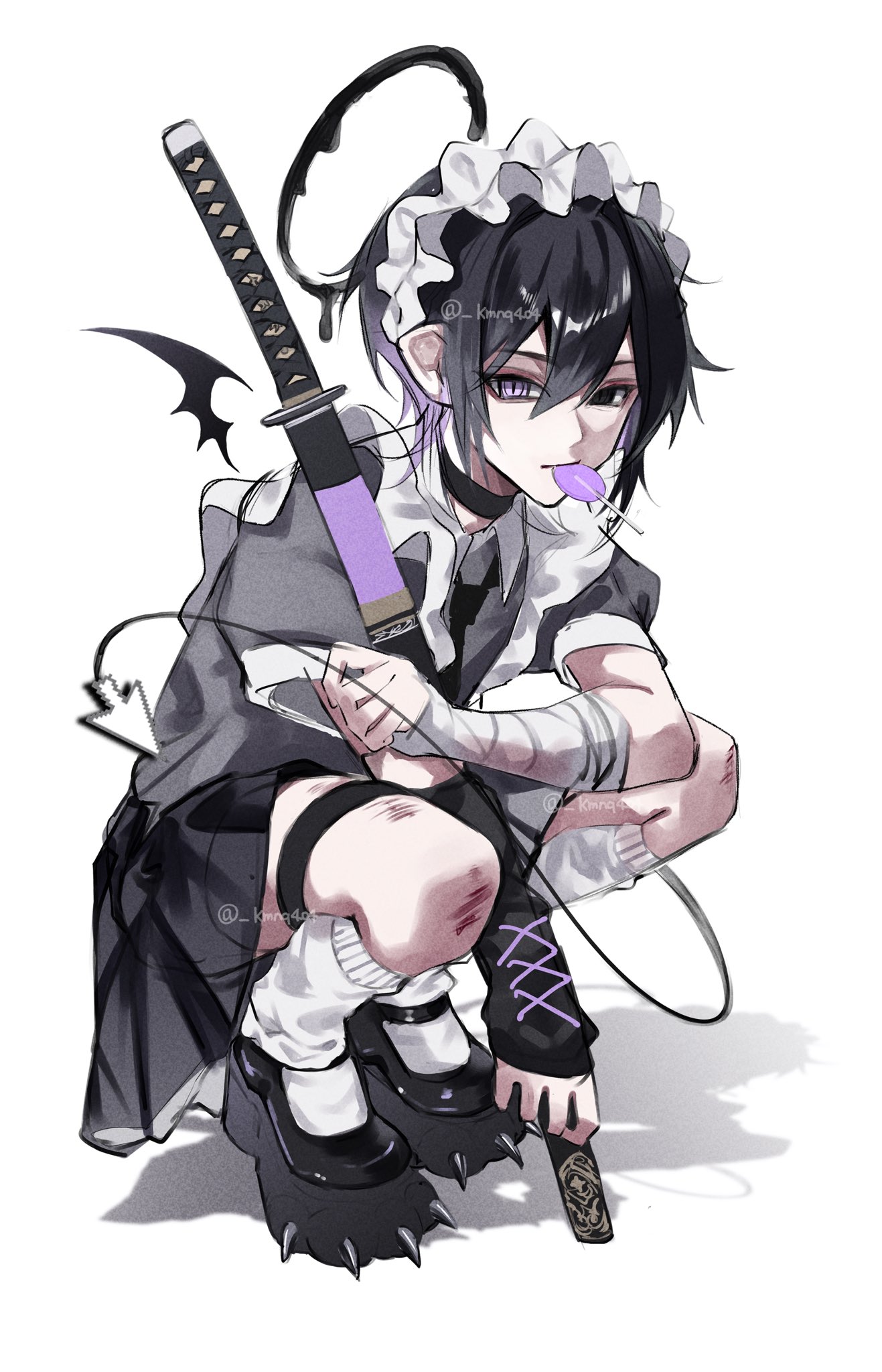 kaminoq, original, commentary, highres, 1boy, black choker, black eyes, black hair, black halo, black shirt, black shoes, black skirt, choker, closed mouth, cursor, double-parted bangs, frilled hairband, frills, full body, hair between eyes, hairband, halo, heterochromia, looking at viewer, male focus, melting halo, pleated skirt, purple eyes, shirt, shoes, short hair, short sleeves, simple background, skirt, socks, solo, spiked shoes, spikes, squatting, sword, thigh strap, weapon, white background, white hairband, white socks