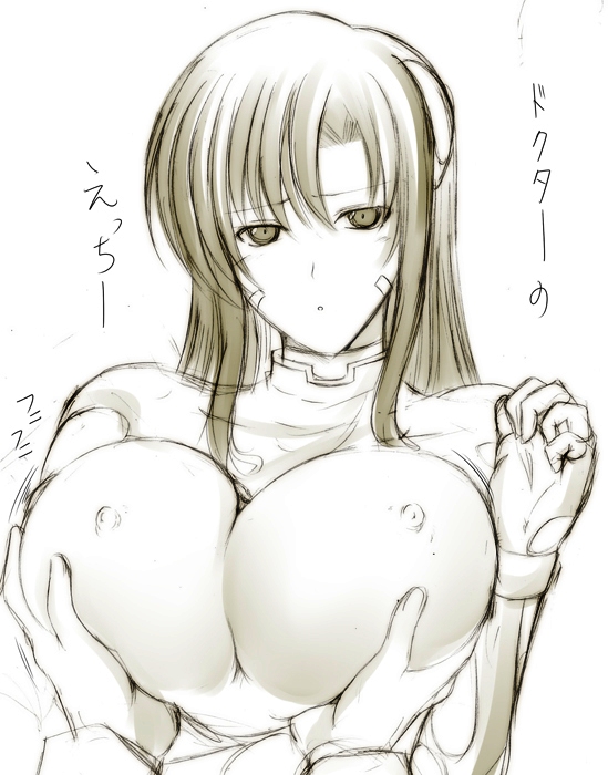 hagane soushi, numbers (nanoha), uno (nanoha), lyrical nanoha, mahou shoujo lyrical nanoha, mahou shoujo lyrical nanoha strikers, translated, 00s, 1girl, breasts, cleavage, covered erect nipples, gloves, grabbing another's breast, groping, huge breasts, monochrome, nipples, sketch, solo focus