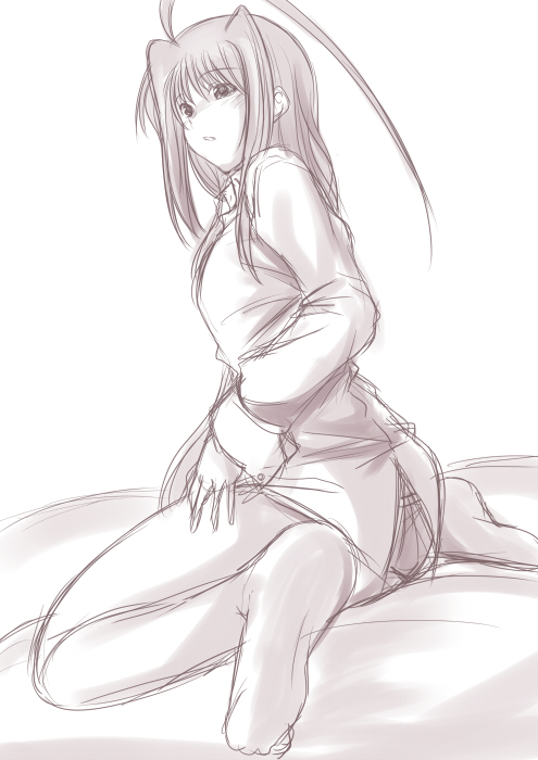 hagane soushi, caro ru lushe, lyrical nanoha, mahou shoujo lyrical nanoha, mahou shoujo lyrical nanoha strikers, 00s, 1girl, aged up, ahoge, female focus, greyscale, huge ahoge, long hair, monochrome, no pants, panties, panties under pantyhose, pantyhose, sitting, sketch, solo, underwear, very long hair, wariza