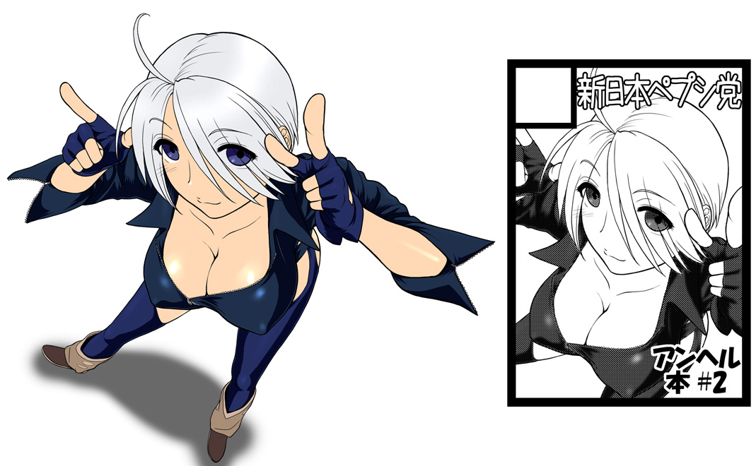 st.germain-sal, angel (kof), snk, the king of fighters, 1girl, blue eyes, breasts, circle cut, cleavage, gloves, large breasts, midriff, short hair, white hair