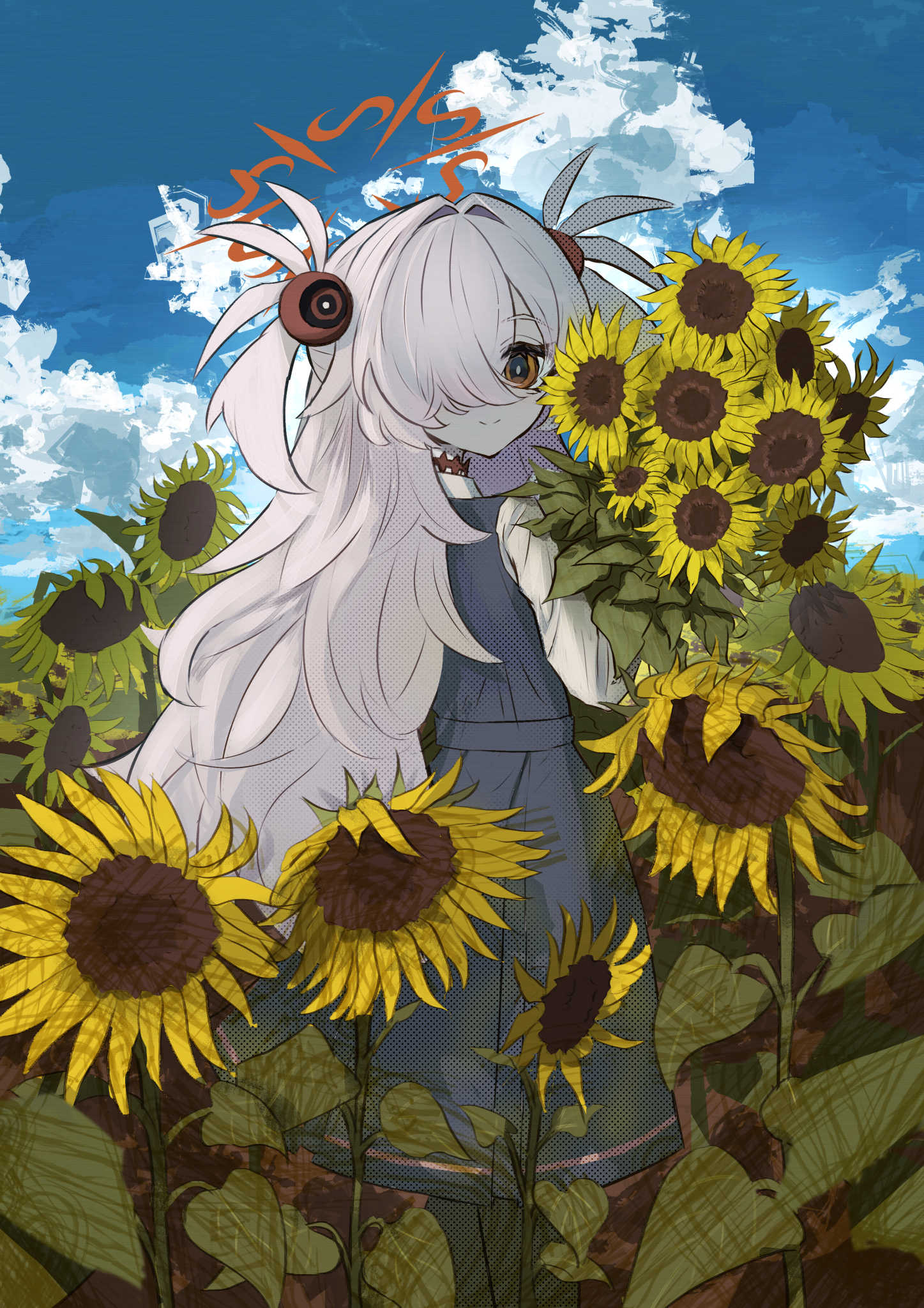 protectload, kanoe (blue archive), blue archive, commentary request, highres, 1girl, blue dress, blue sky, bouquet, brown eyes, brown halo, choker, closed mouth, cloud, collared shirt, day, dress, eyeball hair ornament, field, flower, flower field, from behind, grey hair, hair ornament, hair over one eye, halo, holding, holding bouquet, holding flower, long hair, looking back, outdoors, pinafore dress, shirt, sky, sleeveless, sleeveless dress, smile, solo, sunflower, sunflower field, two side up, white shirt