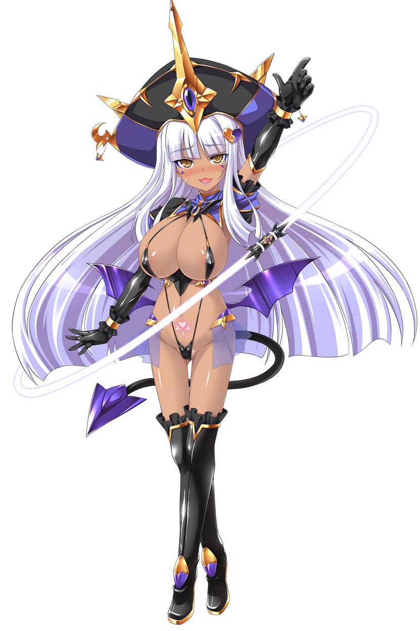 aoi masami, doumyouji kotetu, slave rain, ts magical girl nao, game cg, highres, large variant set, non-web source, official art, variant set, 1girl, areola slip, arm up, black gloves, blush, boots, breasts, crescent, dark-skinned female, dark skin, demon girl, demon tail, demon wings, elbow gloves, full body, gloves, hair ornament, hat, heart, huge breasts, long hair, looking at viewer, low wings, navel, open mouth, pointing, pointing up, pubic tattoo, slave gear, slingshot swimsuit, smile, solo, swimsuit, tail, tan, tattoo, thigh boots, thighhighs, transparent background, whip, white hair, wings, yellow eyes