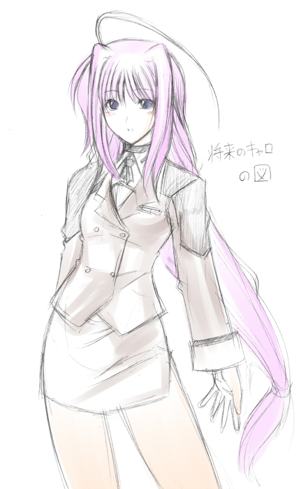 hagane soushi, caro ru lushe, lyrical nanoha, mahou shoujo lyrical nanoha, mahou shoujo lyrical nanoha strikers, 00s, 1girl, aged up, ahoge, blue eyes, choker, female focus, huge ahoge, long hair, miniskirt, pencil skirt, pink hair, sketch, skirt, solo, very long hair