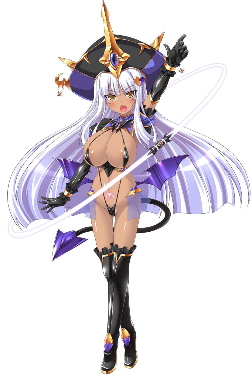 aoi masami, doumyouji kotetu, slave rain, ts magical girl nao, game cg, highres, large variant set, non-web source, official art, variant set, 1girl, areola slip, arm up, black gloves, blush, boots, breasts, dark-skinned female, dark skin, demon girl, demon tail, demon wings, elbow gloves, full body, gloves, hair ornament, hat, huge breasts, long hair, looking at viewer, navel, open mouth, pointing, pointing up, pubic tattoo, slave gear, slingshot swimsuit, solo, swimsuit, tail, tattoo, thigh boots, thighhighs, transparent background, whip, white hair, wings, yellow eyes