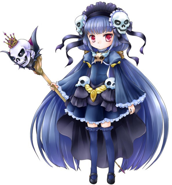madou monogatari, puyopuyo, official art, third-party source, 1990s (style), absurdly long hair, arms at sides, bell sleeves, black bonnet, black bow, black cape, black shoes, blue dress, blue hair, blue thighhighs, bonnet, bow, brooch, cape, closed mouth, deformed, dot mouth, dress, etanya (madou monogatari), expressionless, flat chest, frilled thighhighs, frills, full body, gothic lolita, hair bow, hair ornament, holding, holding staff, jewelry, layered sleeves, lolita fashion, long hair, long sleeves, looking at viewer, mary janes, pleated dress, red eyes, retro artstyle, shoes, short over long sleeves, short sleeves, simple background, skull brooch, skull hair ornament, skull staff, staff, standing, tachi-e, thighhighs, twintails, very long hair, white background