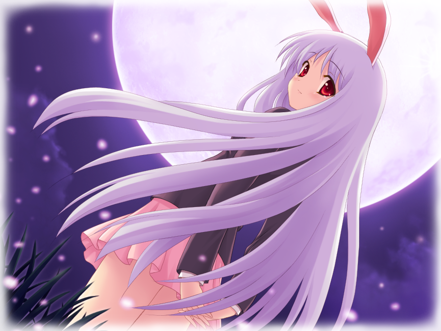 yamasan, reisen udongein inaba, touhou, 1girl, animal ears, arms behind back, blazer, blush, border, dutch angle, female focus, jacket, long hair, long sleeves, looking at viewer, looking back, miniskirt, moon, night, night sky, own hands clasped, own hands together, pleated skirt, purple hair, rabbit ears, red eyes, skirt, sky, smile, solo, tears, very long hair