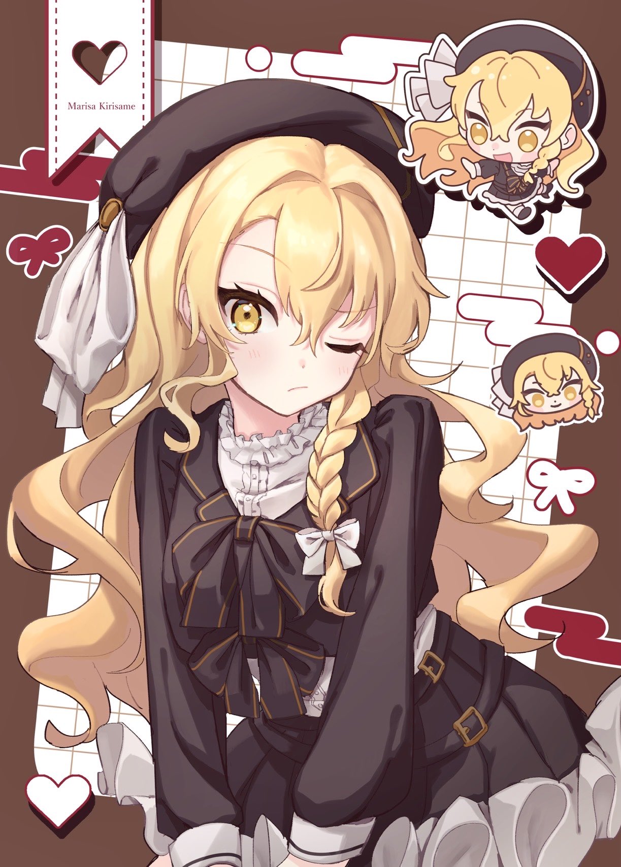 asanagi ron, kirisame marisa, touhou, highres, 1girl, black dress, black hat, blonde hair, blush, chibi, closed mouth, dress, frilled dress, frills, hair ribbon, hat, heart, long hair, long sleeves, one eye closed, ribbon, white ribbon