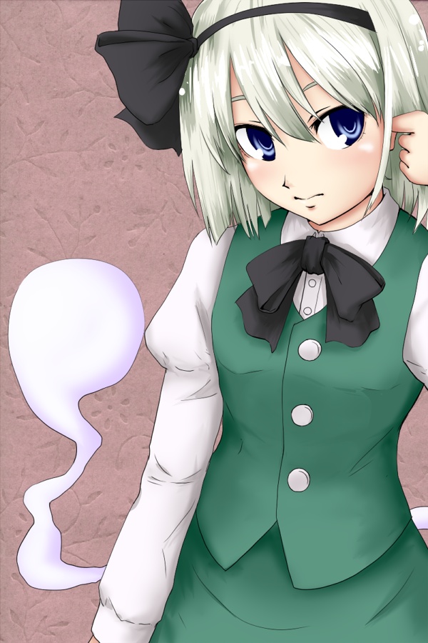 kirisaki (gin16k), kirisaki akihito, konpaku youmu, konpaku youmu (ghost), touhou, silver hair, bad id, bad pixiv id, 1girl, adjusting hair, blue eyes, female focus, hairband, hitodama, ribbon, short hair, solo