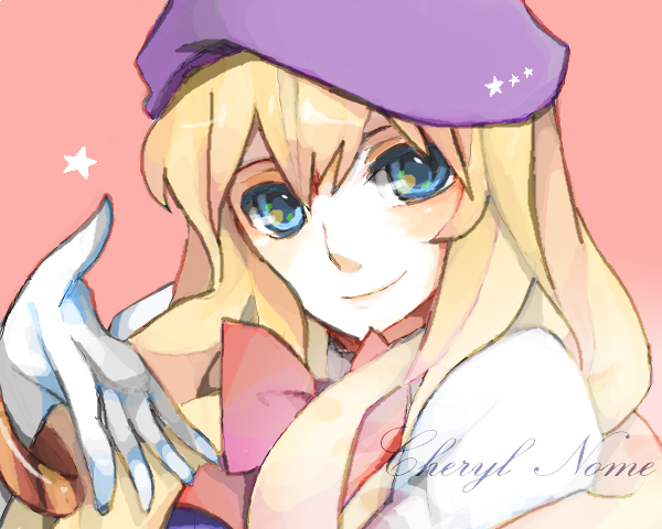mk (pixiv), motsu (sararia), sheryl nome, macross, macross frontier, bad id, bad pixiv id, 00s, 1girl, blonde hair, blue eyes, bow, bowtie, bracelet, character name, female focus, gloves, hair between eyes, hat, head tilt, jewelry, long hair, looking at viewer, pink background, pink bow, pink bowtie, reaching, simple background, smile, solo, star (symbol), upper body, white gloves