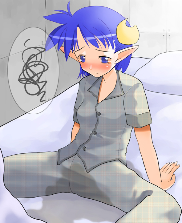 rena lanford, star ocean, star ocean: the second story, 1girl, bedwetting, blue eyes, blue hair, blush, female focus, matching hair/eyes, pajamas, peeing, peeing self, short hair, solo, tears
