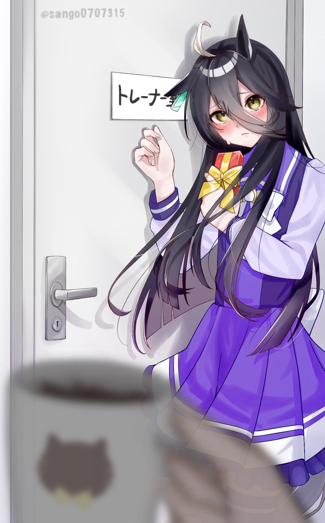 sango0707315, manhattan cafe (umamusume), umamusume, highres, 1girl, animal ears, animal print, blush, bow, bowtie, cat print, cup, door, ear ornament, ear tag, earrings, gift, hair between eyes, hand up, holding, holding cup, holding gift, horse ears, horse girl, horse tail, jewelry, knocking, long hair, long hair between eyes, long sleeves, mug, pleated skirt, pov, purple sailor collar, purple shirt, purple skirt, purple thighhighs, sailor collar, school uniform, shirt, single ear down, single earring, skirt, solo, sweatdrop, tail, thighhighs, tracen school uniform, twitter username, very long hair, white bow, white bowtie, yellow eyes, zettai ryouiki