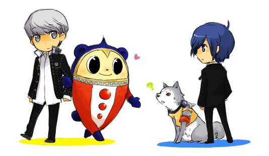 men (pixiv477598), koromaru (persona), kuma (persona 4), narukami yu, yuuki makoto (persona 3), atlus, persona, persona 3, persona 4, bad id, bad pixiv id, 2boys, ?, heart, multiple boys, school uniform