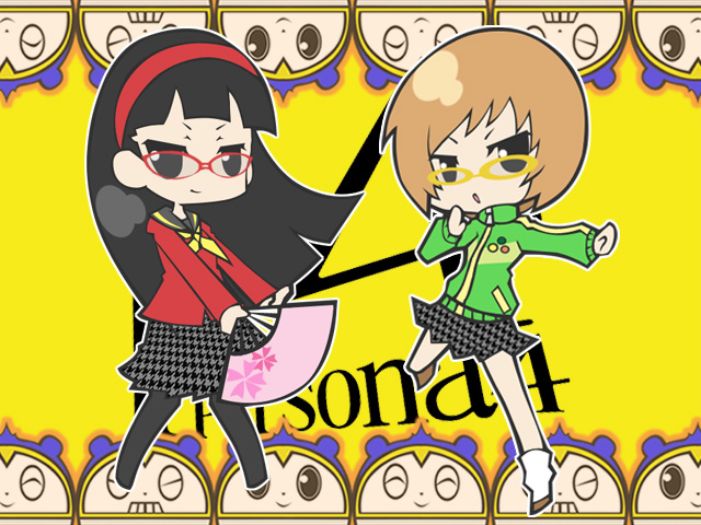 kisaki (kk28), amagi yukiko, kuma (persona 4), satonaka chie, atlus, persona, persona 4, 2girls, glasses, hand fan, multiple girls, pantyhose, red-framed eyewear, school uniform, yellow-framed eyewear