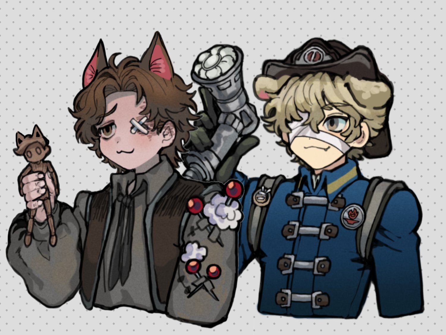 florian brand, matthias czernin, identity v, 2boys, :3, animal ears, ascot, bandage over one eye, black ascot, black gloves, black shirt, blonde hair, blue jacket, brown eyes, brown hair, cat boy, cat ears, cross stitch, dog boy, dog ears, downturned eyes, fang, firefighter helmet, gloves, hair between eyes, holding puppet, jacket, looking ahead, male focus, melpi5515, multiple boys, pin, shirt, stitched eye, stuffing, wavy hair, yellow eyes