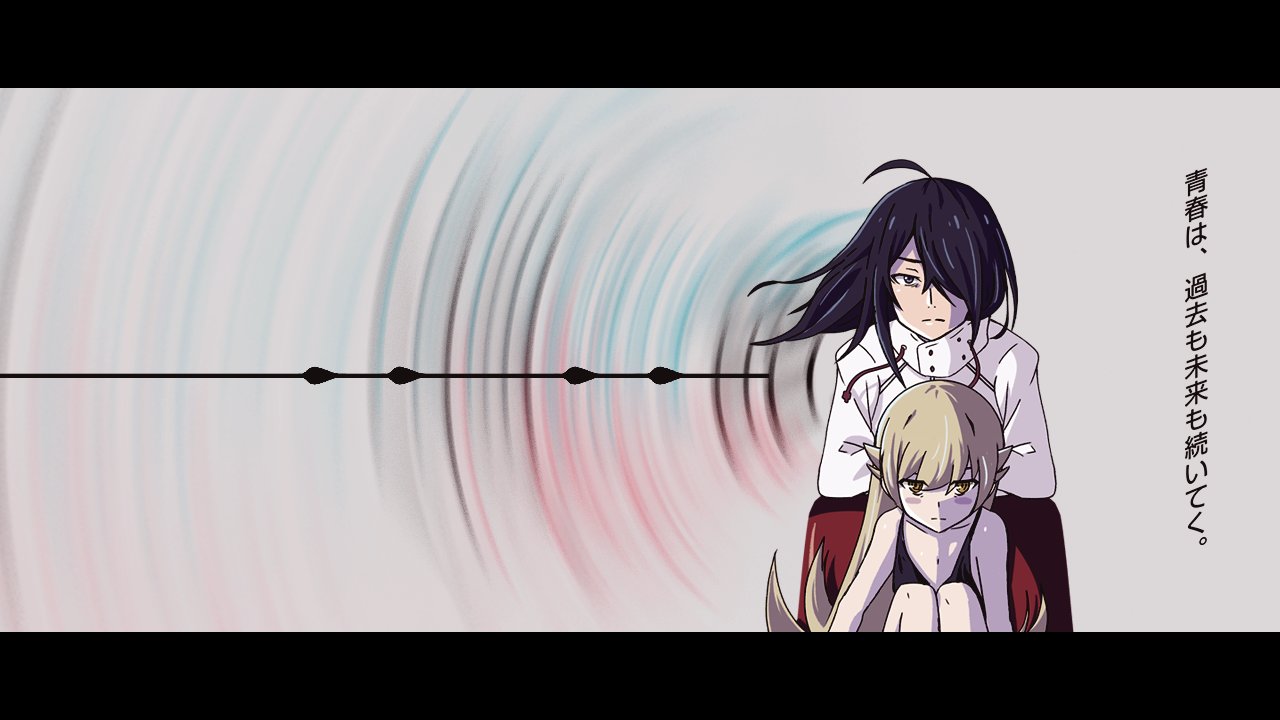 sonikkusupin, araragi koyomi, oshino shinobu, monogatari (series), 1boy, 1girl, ahoge, arm rest, arms at sides, bare legs, black border, black dress, black hair, blonde hair, blush stickers, border, chair, closed mouth, crossed arms, dot nose, drawstring, dress, expressionless, feet out of frame, flat chest, flipped hair, floating hair, grey background, grey eyes, hair between eyes, hair flaps, hair over one eye, height difference, jacket, knees up, leaning on object, letterboxed, long hair, negative space, ringed eyes, ripples, shadow, shiny skin, sitting, sleeveless, sleeveless dress, straight-on, swept bangs, turtleneck, turtleneck jacket, upper body, very long hair, white jacket, yellow eyes