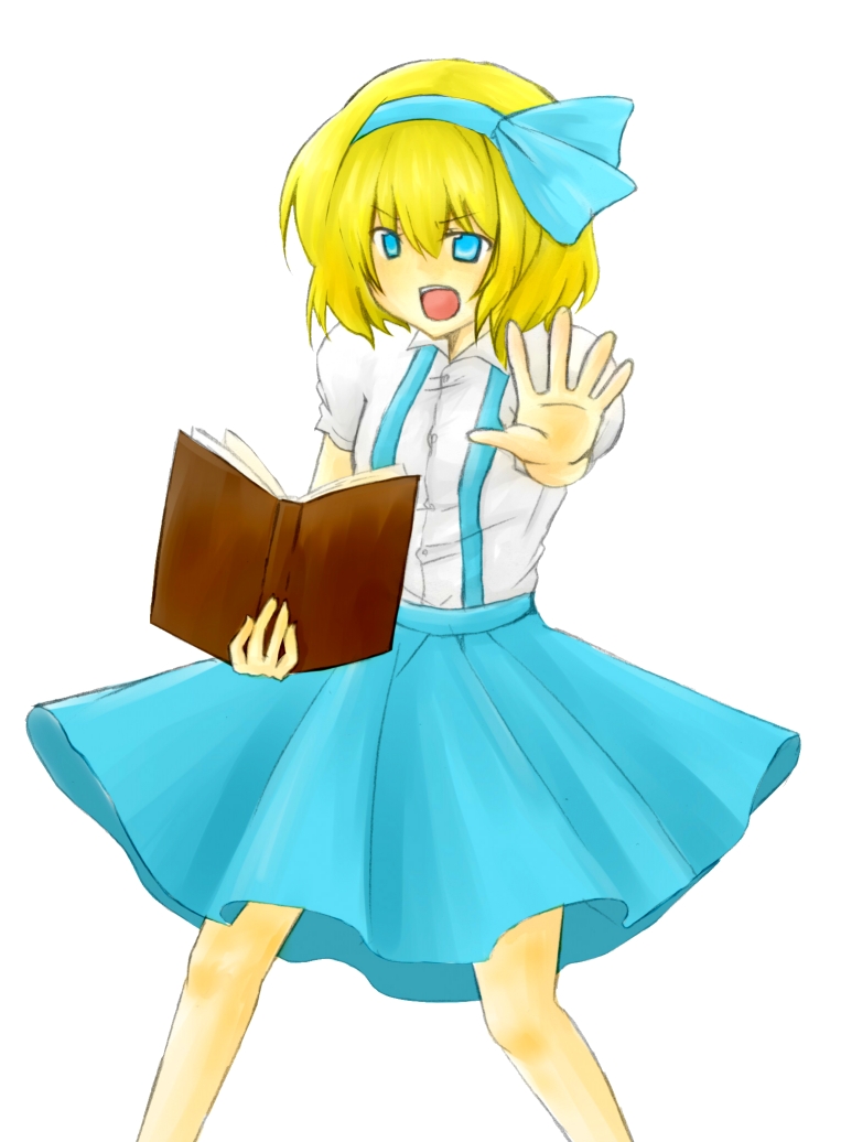 nemiminimimizu, alice margatroid, alice margatroid (pc-98), mystic square, touhou, touhou (pc-98), non-web source, 1girl, blonde hair, book, female focus, ribbon, skirt, solo