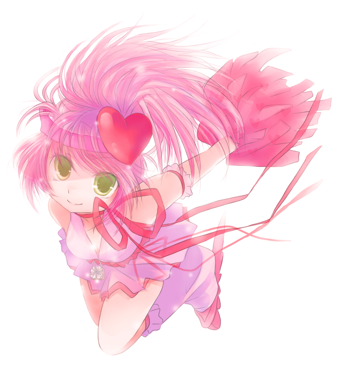 efu, amulet heart, hinamori amu, shugo chara!, visor, bad id, bad pixiv id, highres, 1girl, armband, cheerleader, female focus, hair up, heart, kneehighs, loose socks, magical girl, pink hair, pom pom (cheerleading), ribbon, skirt, socks, solo, visor cap, yellow eyes