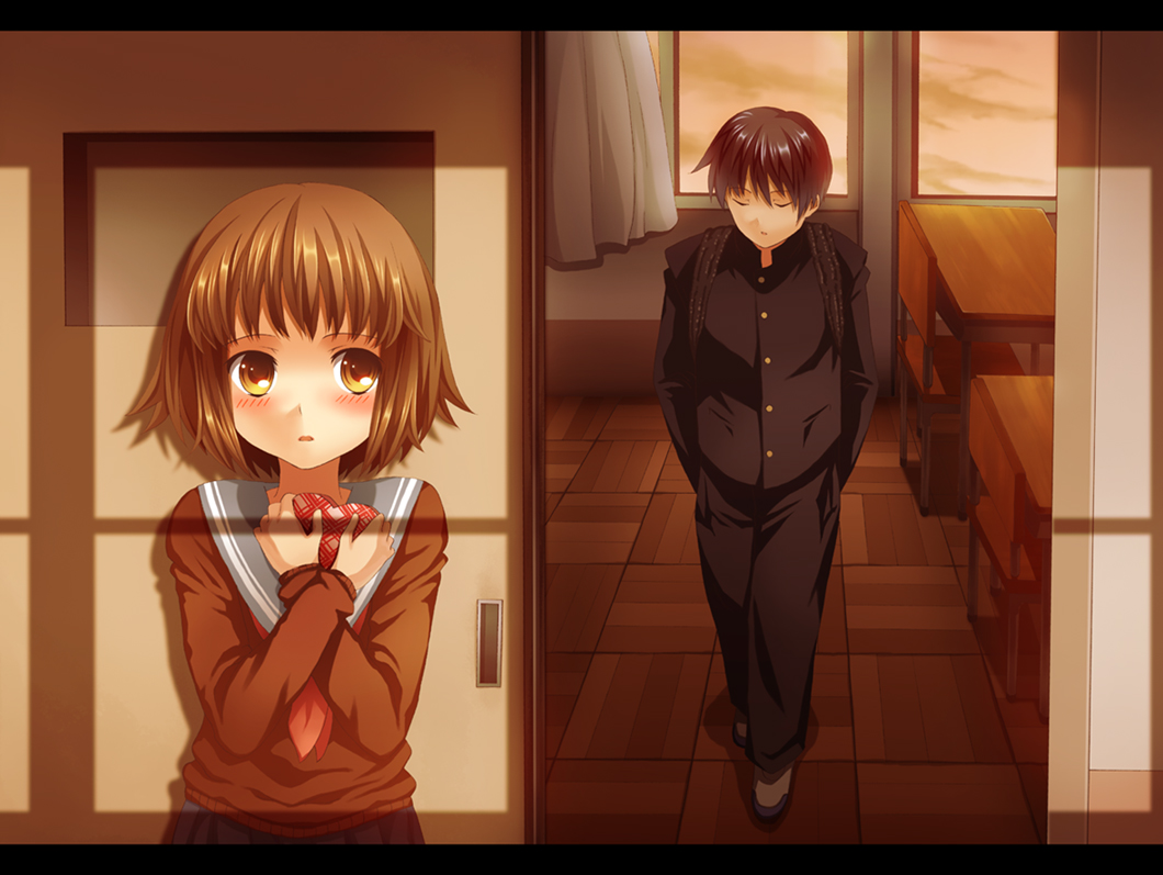 laco soregashi, original, bad id, bad pixiv id, blush, brown eyes, brown hair, classroom, door, heart, school, school uniform, short hair, valentine