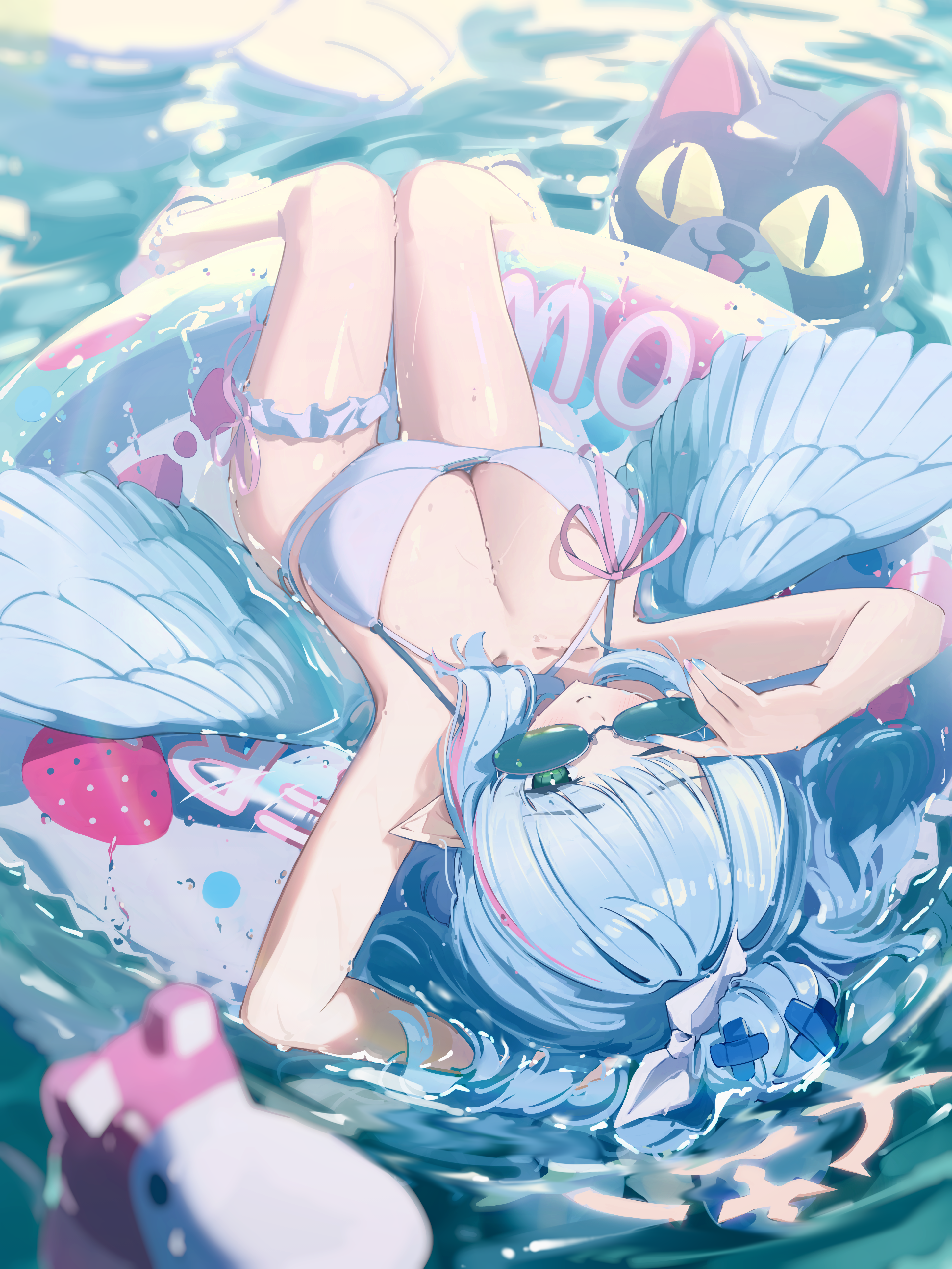tamagore, mine (blue archive), blue archive, absurdres, highres, 1girl, adjusting eyewear, alternate costume, alternate hairstyle, arm behind head, bikini, blue bikini, blue hair, blue wings, blush, breasts, closed mouth, feathered wings, green eyes, hair bun, large breasts, long hair, looking at viewer, ocean, one eye closed, pointy ears, sidelocks, smile, solo, sunglasses, swim ring, swimsuit, wings