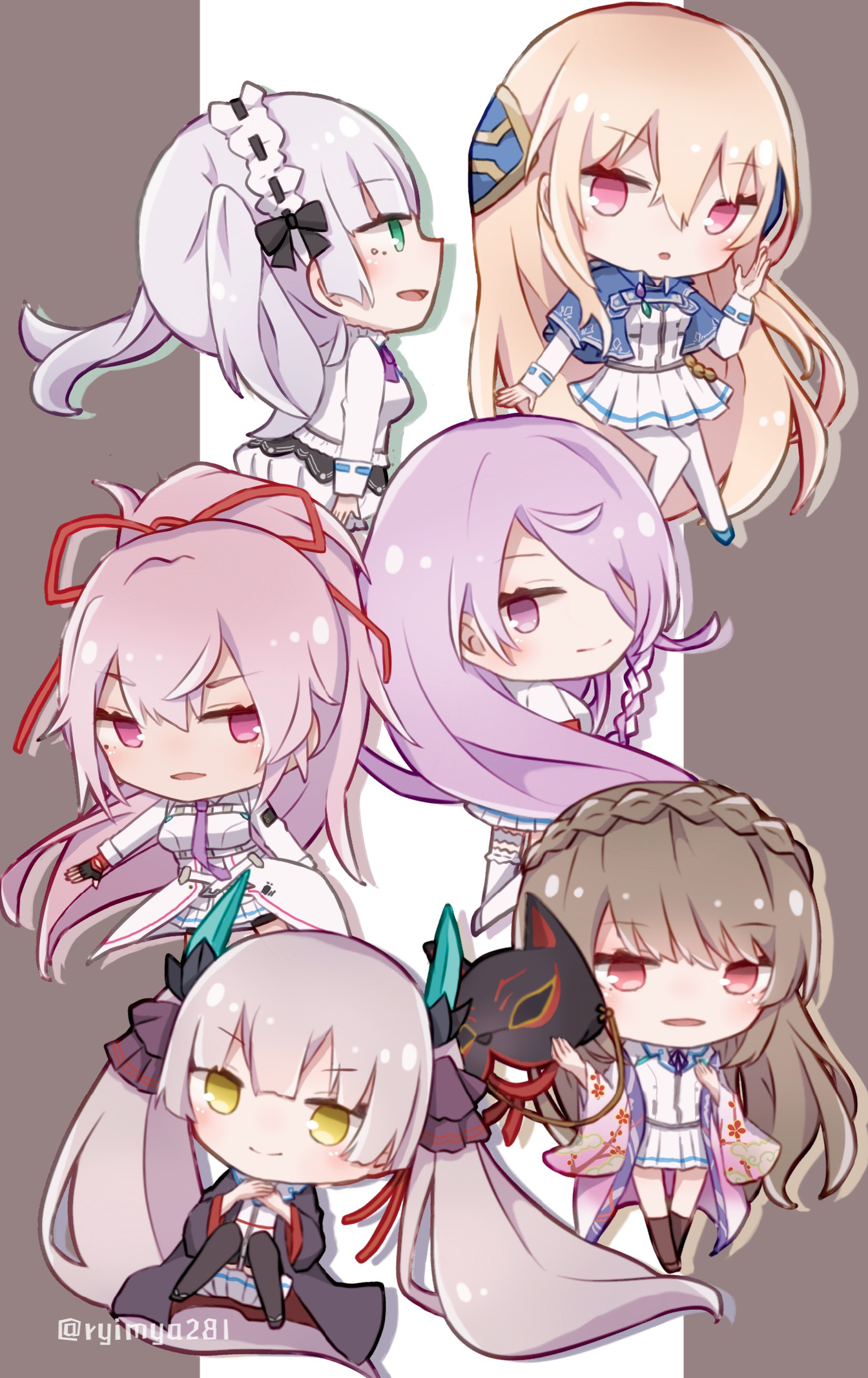 riimia, kiryuu miya, kura satomi, ogasawara hisame, shirakawa yuina, tsukishiro monaka, heaven burns red, highres, 6+girls, black thighhighs, blonde hair, blue jacket, blush, braid, breasts, brown hair, chibi, crown braid, floral print, fox mask, gloves, green eyes, grey hair, hair between eyes, hair ornament, hair over one eye, hair ribbon, horns, jacket, japanese clothes, kimono, long hair, long sleeves, looking at viewer, maid headdress, mask, multiple girls, necktie, open mouth, pink eyes, pink hair, pleated skirt, ponytail, purple eyes, purple hair, purple necktie, red eyes, red ribbon, ribbon, school uniform, shirt, short sleeves, side braid, simple background, sitting, skirt, smile, sugawara chie, team 30g (heaven burns red), thighhighs, twintails, twitter username, very long hair, white hair, white shirt, white skirt, wide sleeves, yellow eyes