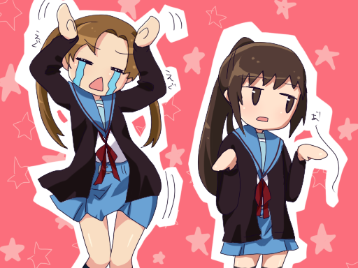 ruura, computer club president (female) (suzumiya haruhi), computer club president (suzumiya haruhi), kyonko, suzumiya haruhi no yuuutsu, bad id, bad pixiv id, 00s, 2girls, brown eyes, brown hair, caramelldansen, cardigan, genderswap, genderswap (mtf), multiple girls, ponytail, school uniform, serafuku, tears, thighhighs, twintails