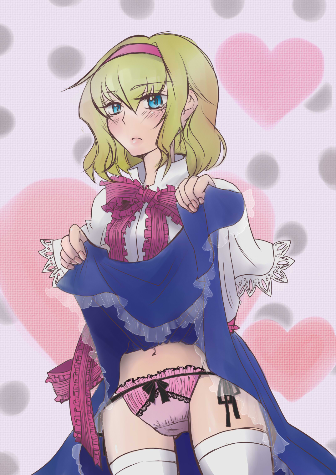 alice margatroid, touhou, bad id, bad pixiv id, highres, 1girl, blonde hair, blush, clothes lift, female focus, frown, hair between eyes, hairband, midriff, panties, skirt, skirt lift, solo, thighhighs, underwear, white thighhighs