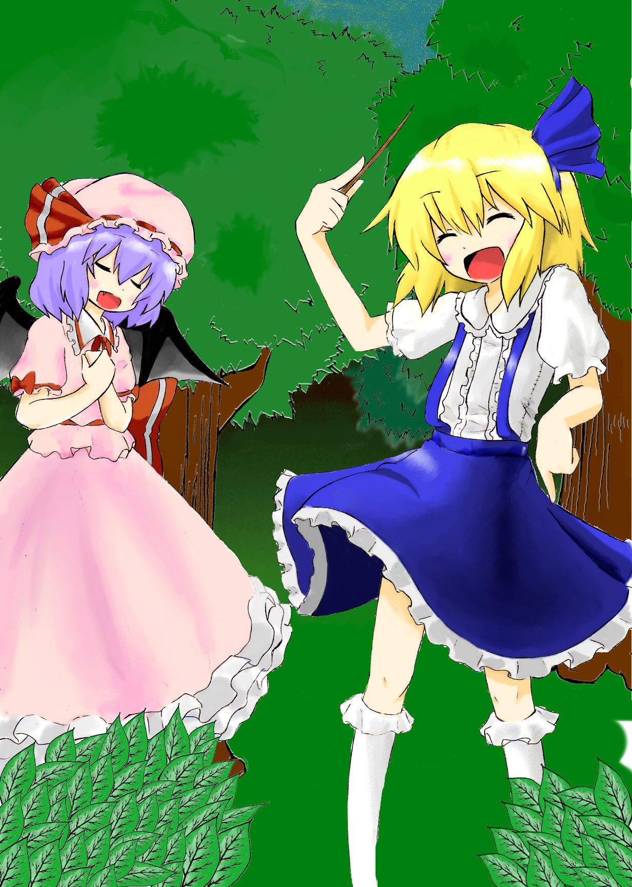 alice margatroid, alice margatroid (pc-98), remilia scarlet, mystic square, touhou, touhou (pc-98), highres, 2girls, blonde hair, female focus, hat, mob cap, multiple girls, ribbon