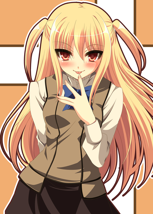 yukizuki chikuba, shidou mariya, maria holic, 00s, 1boy, :p, blonde hair, blush, long hair, male focus, red eyes, school uniform, short twintails, solo, tongue, tongue out, trap, twintails, two side up