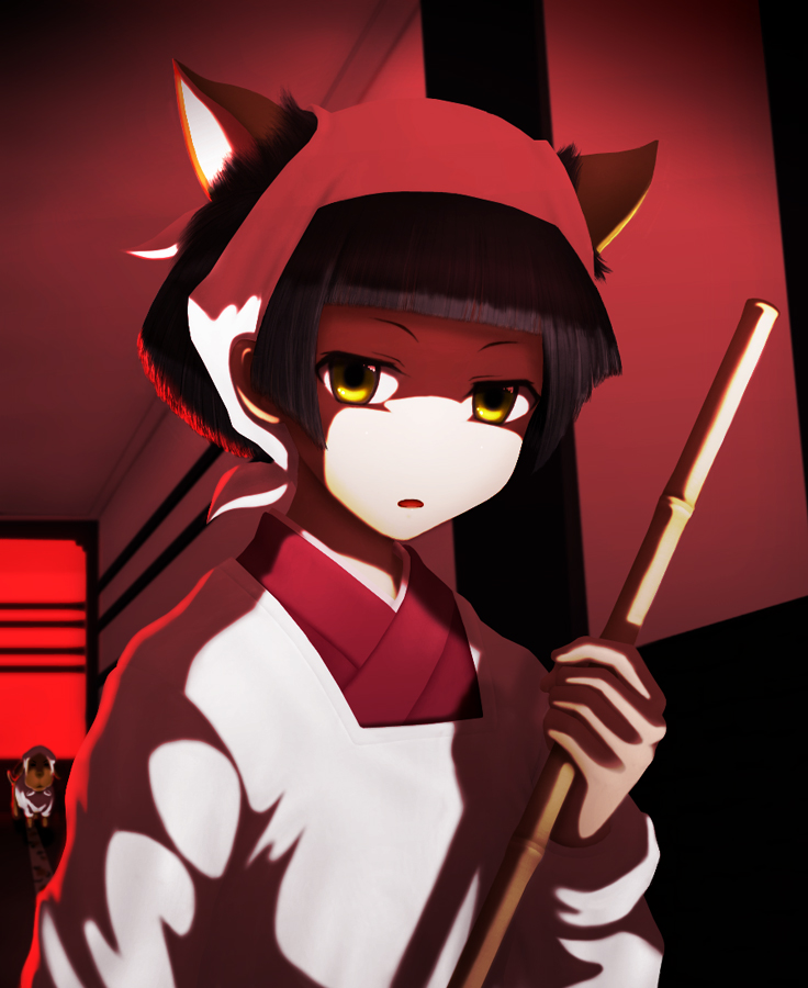 siraha, dorm leader, yonakuni, maria holic, 00s, 1girl, animal ears, black hair, blunt bangs, bob cut, broom, cat ears, dog, dorm mistress, expressionless, female focus, looking at viewer, shadow, short hair, solo, yellow eyes