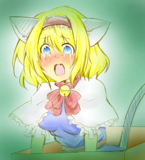 nemiminimimizu, alice margatroid, touhou, non-web source, 1girl, animal ears, bell, blonde hair, blush, box, female focus, gradient background, ribbon, sitting, sketch, solo, tail, tears