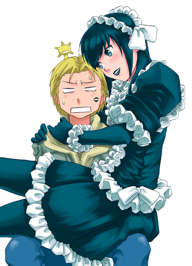 takayama chihiro, oryzae-tan, sawaki souemon tadayasu, yuuki kei, moyashimon, 2boys, black hair, blonde hair, dress, elbow gloves, frills, gloves, gothic lolita, hairband, hug, lipstick, lolita fashion, makeup, male focus, multiple boys, simple background, thighhighs, trap, white background, yaoi
