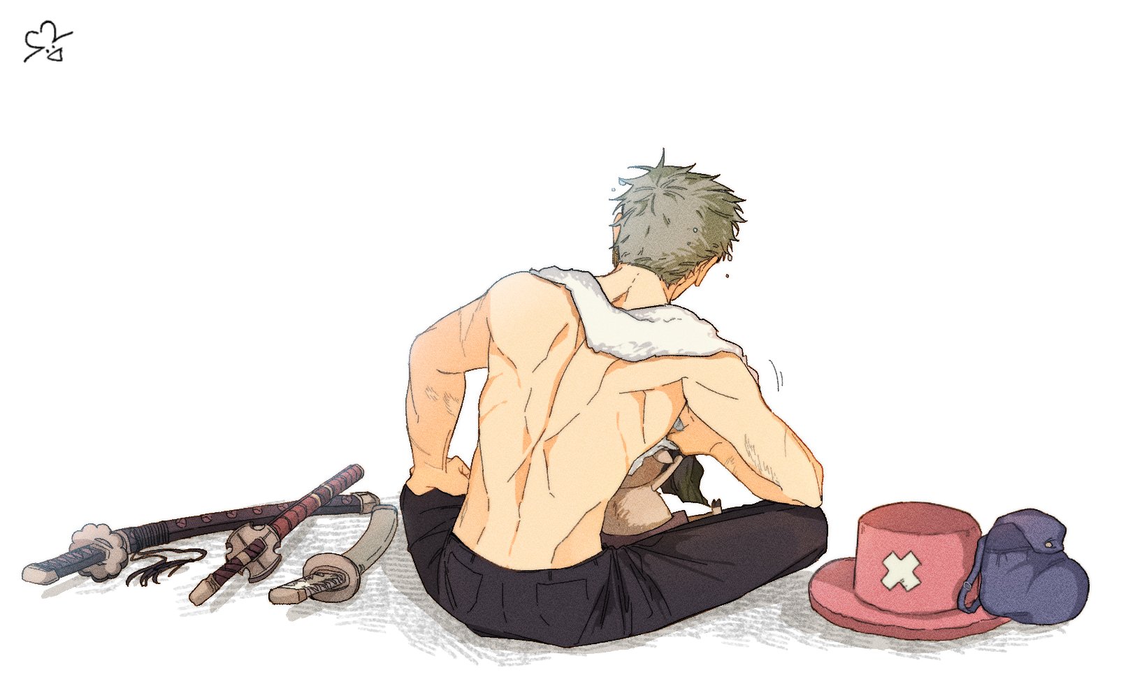 roronoa zoro, tony tony chopper, one piece, commentary request, highres, korean commentary, 2boys, back, from behind, full body, green hair, hat, katana, male focus, multiple boys, pink hat, short hair, sitting, sitting between lap, sword, toned, toned male, topless female, towel, towel around neck, ttoottoo, unworn hat, unworn headwear, weapon, white background
