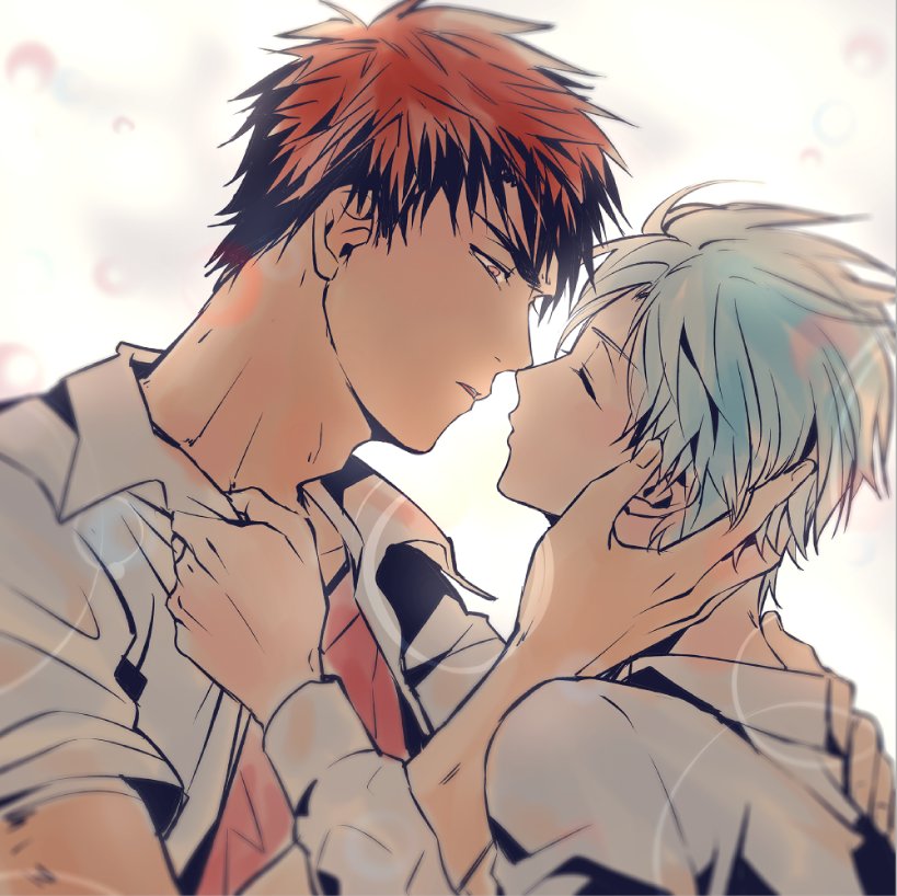 wolfsea, kagami taiga, kuroko tetsuya, kuroko no basuke, commentary, symbol-only commentary, 2boys, adam's apple, blue hair, closed eyes, clothes grab, collared shirt, forked eyebrows, from side, hand on another's face, imminent kiss, long sleeves, looking at another, male focus, multiple boys, open clothes, open shirt, parted lips, profile, red eyes, red hair, red shirt, shirt, shirt grab, short hair, sleeves rolled up, upper body, white shirt, wing collar, yaoi