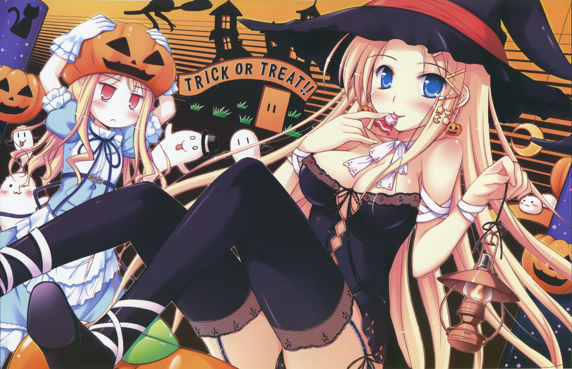 ko~cha, avril (shukufuku no campanella), carina verritti, shukufuku no campanella, highres, 2girls, :<, :3, :p, black panties, black thighhighs, blonde hair, blue eyes, breasts, cleavage, dress, earrings, ghost, halloween, hat, jack-o'-lantern, jack-o'-lantern earrings, jewelry, lantern, legs, medium breasts, multiple girls, object on head, panties, pumpkin, pumpkin hat, red eyes, side-tie panties, sitting, thighhighs, tongue, tongue out, trick or treat, underwear, witch hat