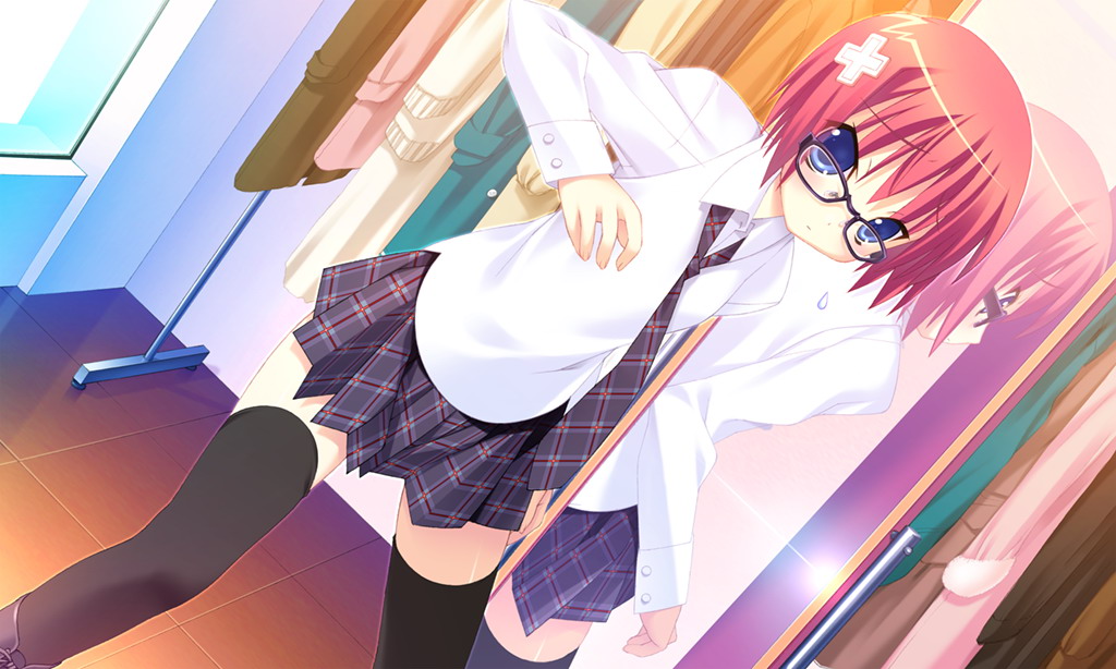 kannagi rei, azel, twinkle crusaders, game cg, 1girl, black thighhighs, blue eyes, blush, dutch angle, female focus, glasses, hair ornament, mirror, necktie, red hair, reflection, short hair, skirt, solo, sweatdrop, thighhighs, zettai ryouiki