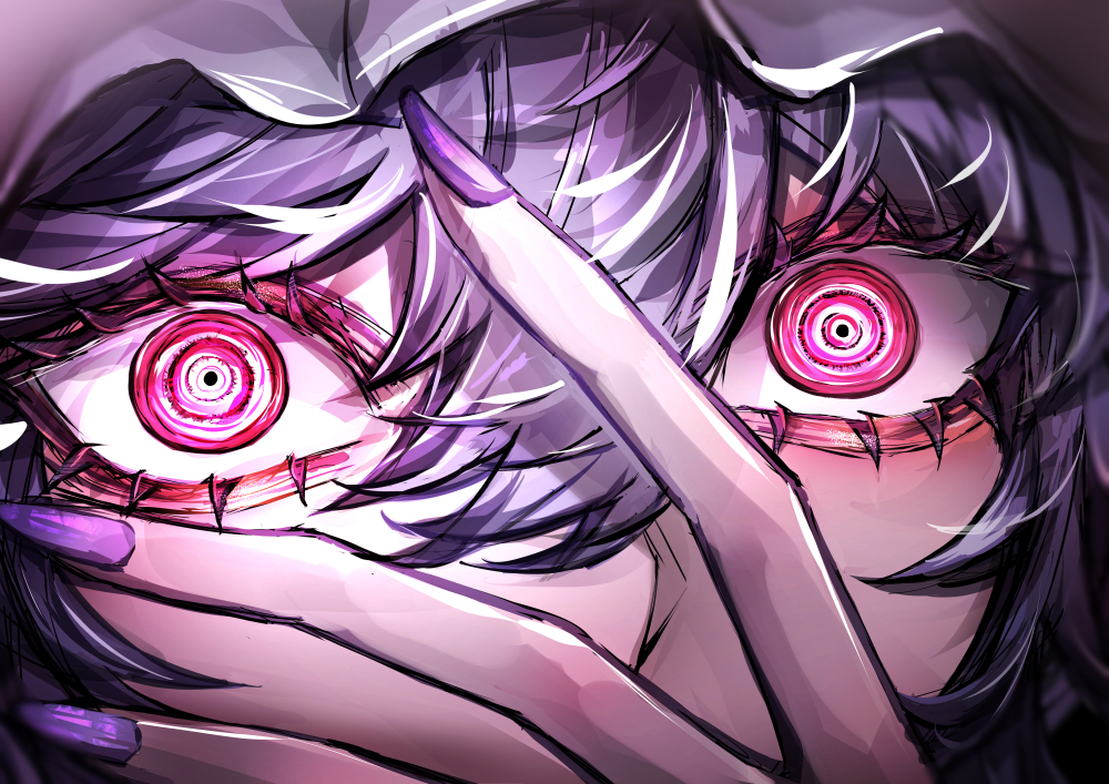 33 gaff, remilia scarlet, touhou, commentary request, 1girl, blue hair, close-up, eye focus, fingernails, hair between eyes, hat, long fingernails, looking at viewer, mob cap, purple nails, red eyes, ringed eyes, short hair, solo