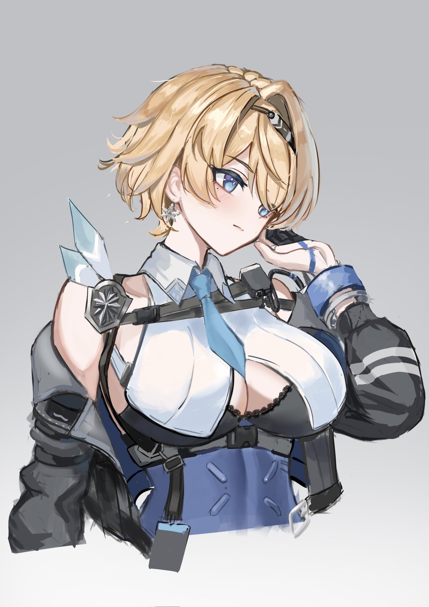 dimos (dawn 1945), nikketa (girls' frontline 2), vsk-94 (girls' frontline), girls' frontline, girls' frontline 2: exilium, hashtag-only commentary, highres, 1girl, bare shoulders, between breasts, black bra, black coat, black gloves, blonde hair, blue eyes, blue necktie, blush, bra, breasts, closed mouth, coat, earrings, gloves, grey background, hair intakes, hairband, jewelry, large breasts, looking to the side, mole, mole under eye, necktie, necktie between breasts, partially fingerless gloves, short hair, simple background, snowflake earrings, solo, underwear, upper body, walkie-talkie