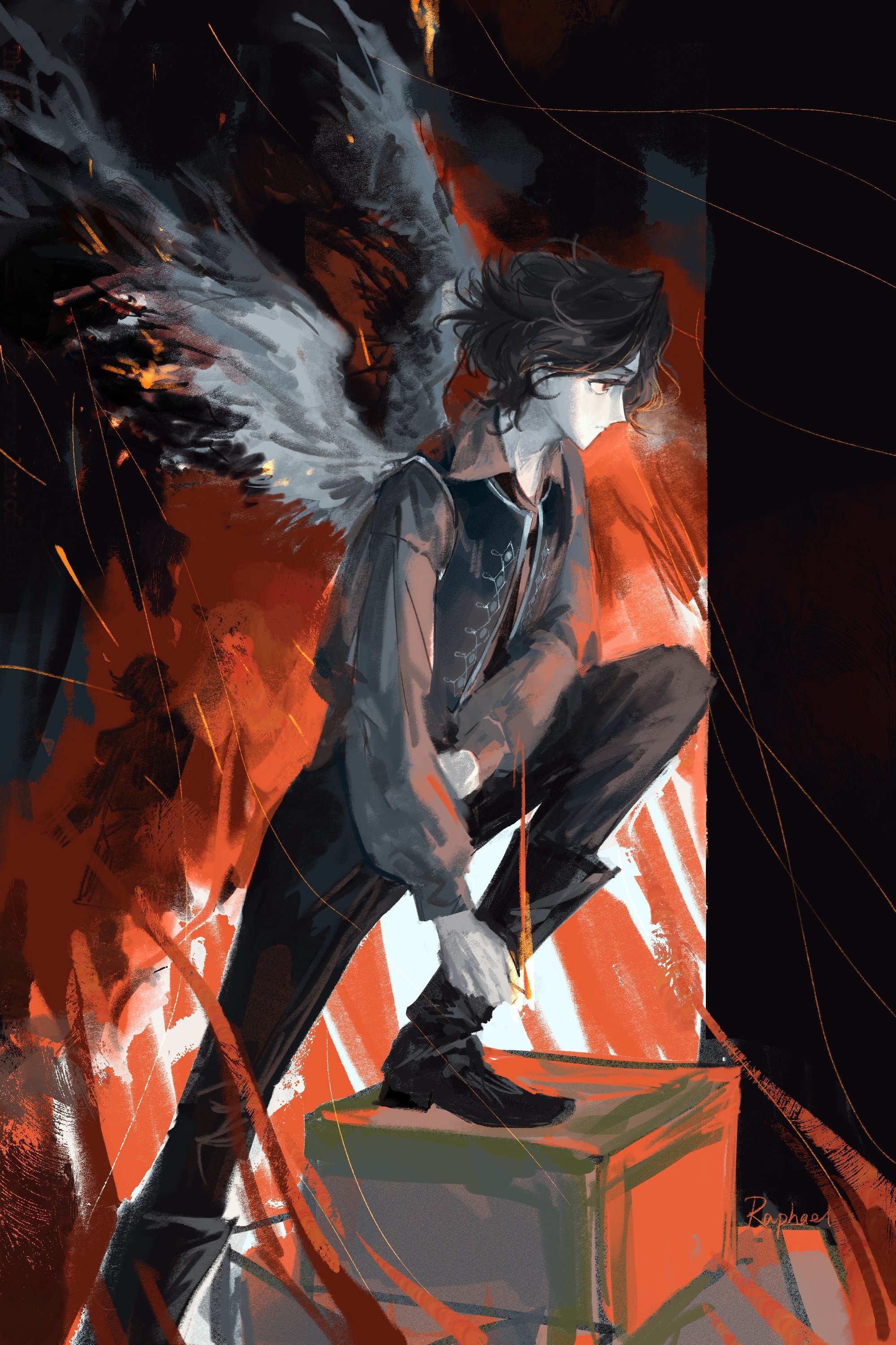 matthias czernin, identity v, absurdres, highres, 1boy, black boots, black pants, black vest, boots, brown hair, colored skin, downturned eyes, feathered wings, fire, from side, frown, grey shirt, holding matchstick, leg up, looking ahead, male focus, pants, profile, shirt, this sanctus, vest, wavy hair, white skin, wings